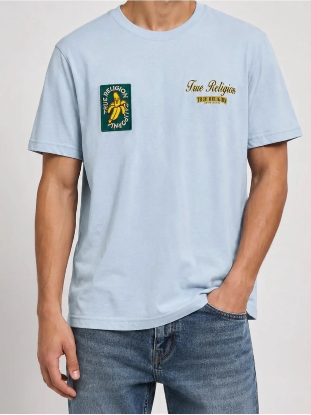 True Religion Light Blue Short-Sleeve Logo Tee with Yellow Accents